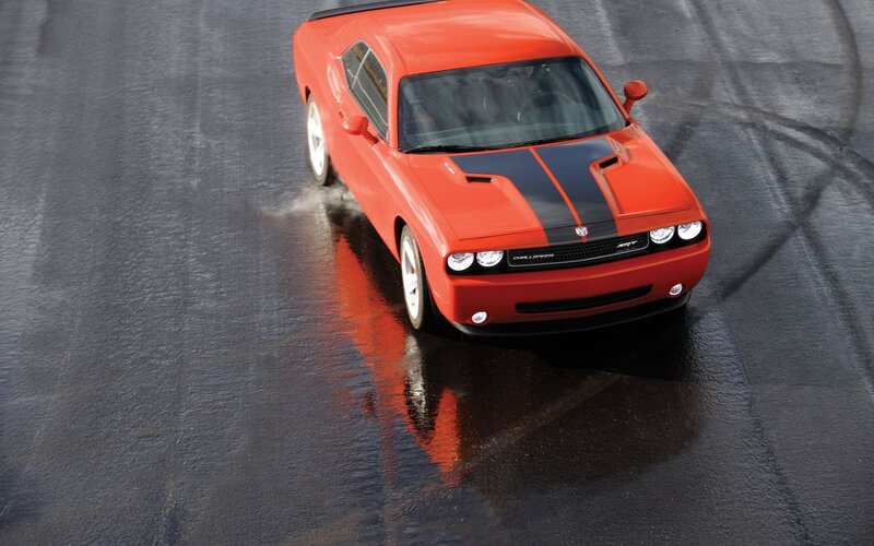Red Dodge Challenger — Dramatic, Photograph, Car, Wet Pavement