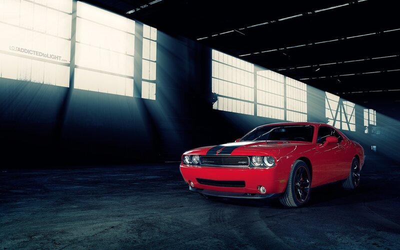 Red Dodge Challenger — Dramatic, Photograph, Car, Windows, Light Beams