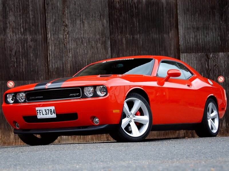 Red Dodge Challenger — Dramatic, Photograph, Car, Wooden Wall, License Plate