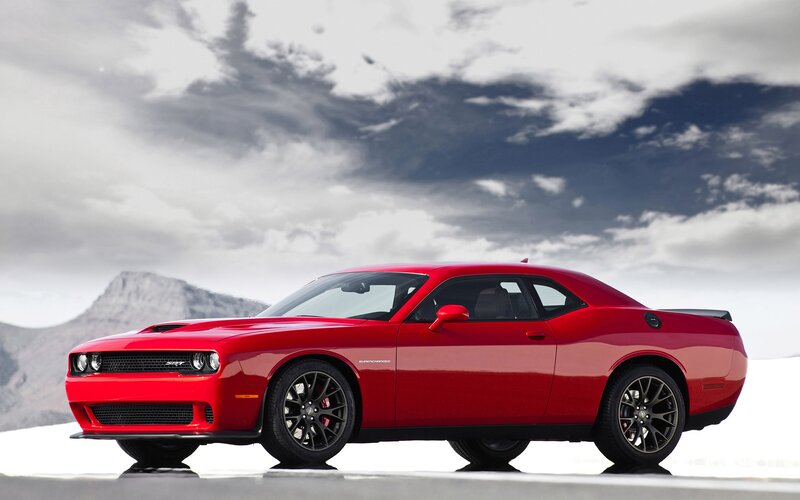 Red Dodge Challenger — Dramatic, Photograph, Mountain, Clouds