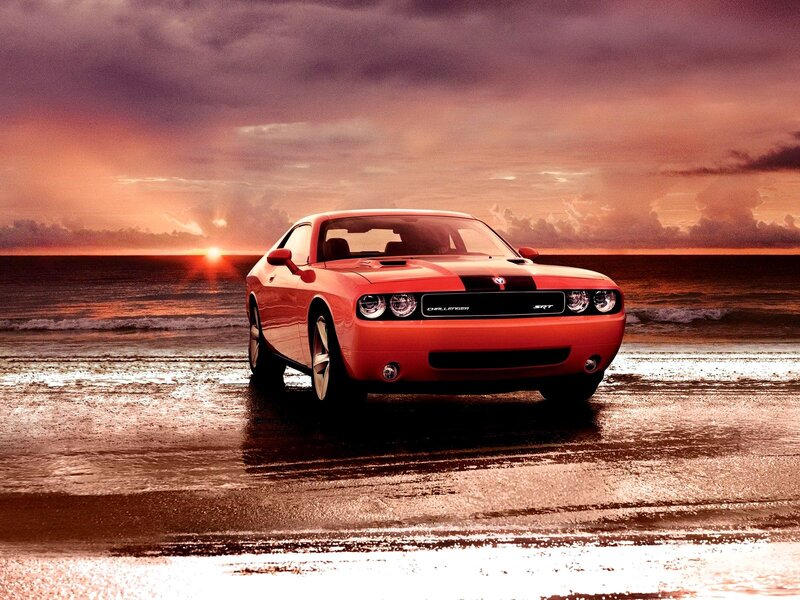 Red Dodge Challenger — Dramatic, Sunset, Photograph, Car, Beach
