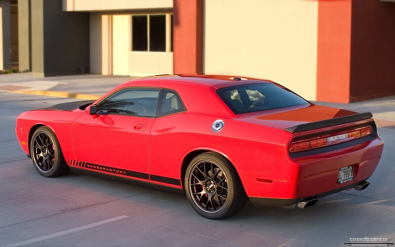 Red Dodge Challenger — Dramatic, Sunset, Photograph, Car, Building