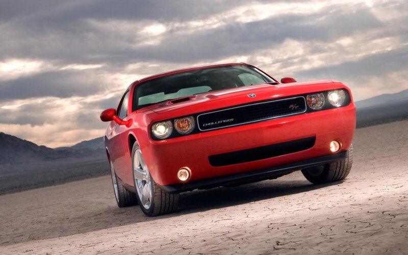Red Dodge Challenger — Dramatic, Sunset, Photograph, Car, Desert, Mountains, Sky