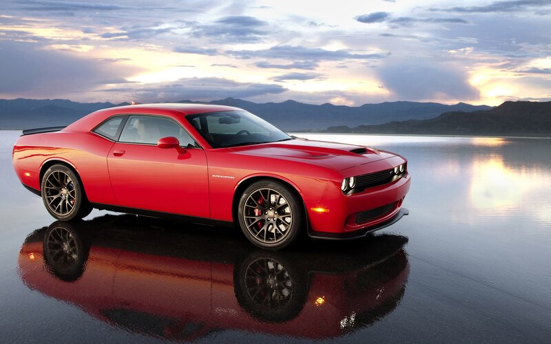 Red Dodge Challenger — Dramatic, Sunset, Photograph, Car, Lake, Mountains, Sky