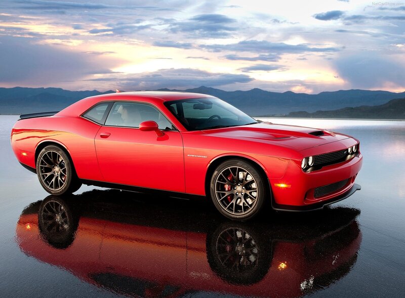 Red Dodge Challenger — Dramatic, Sunset, Photograph, Car, Lake