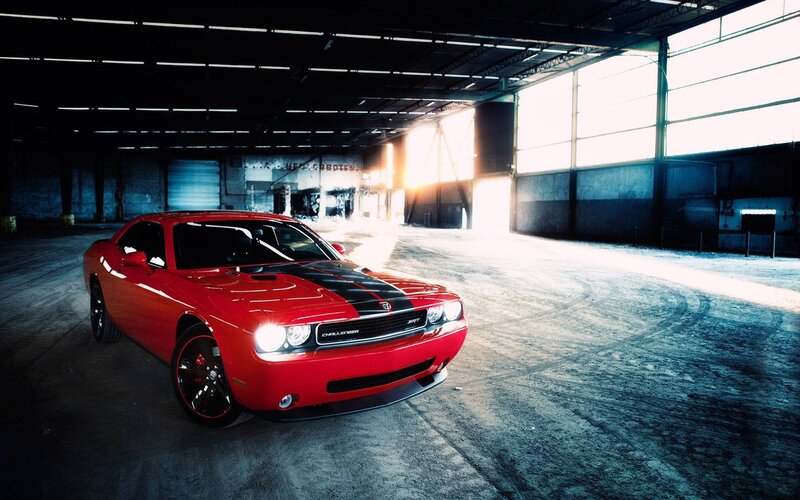 Red Dodge Challenger — Dramatic, Sunset, Photograph, Car, Warehouse