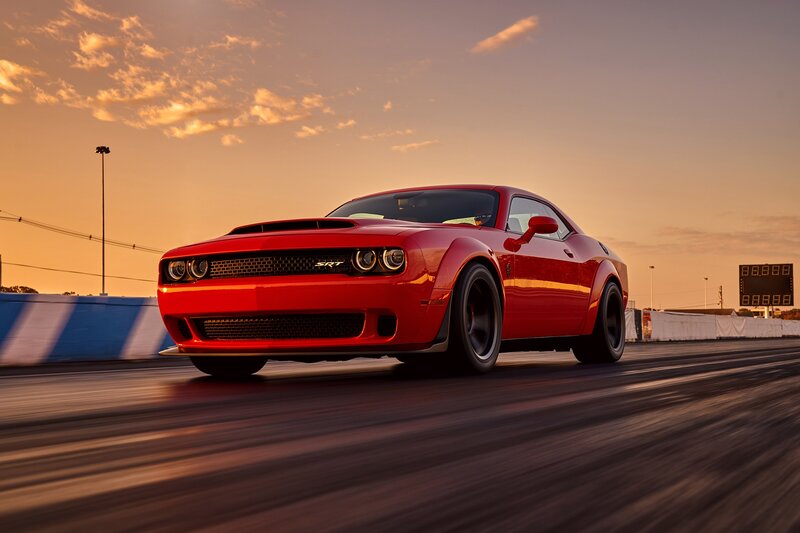 Red Dodge Challenger — Dramatic, Sunset, Photograph, Race Track, Scoreboard