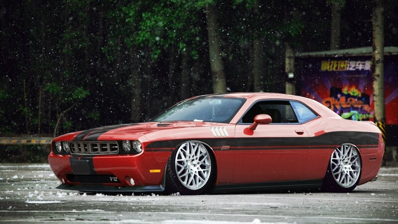 Red Dodge Challenger — Dramatic, Winter