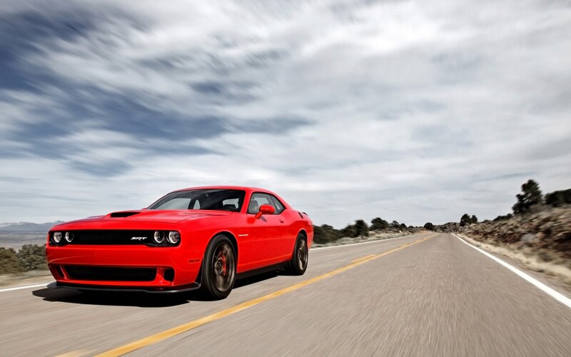 Red Dodge Challenger — Dynamic, Afternoon, Photograph, Car, Road