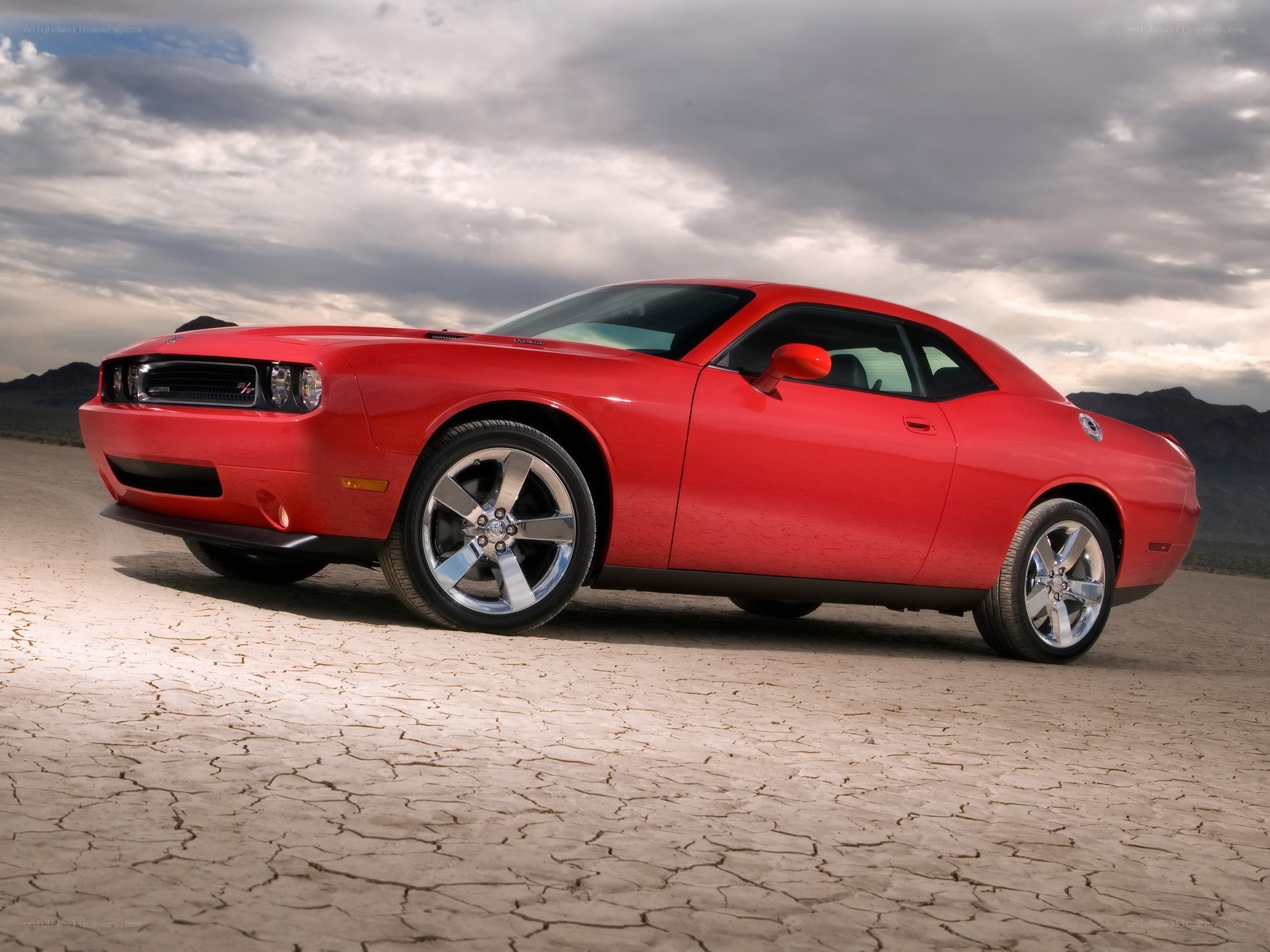 Red Dodge Challenger in desert