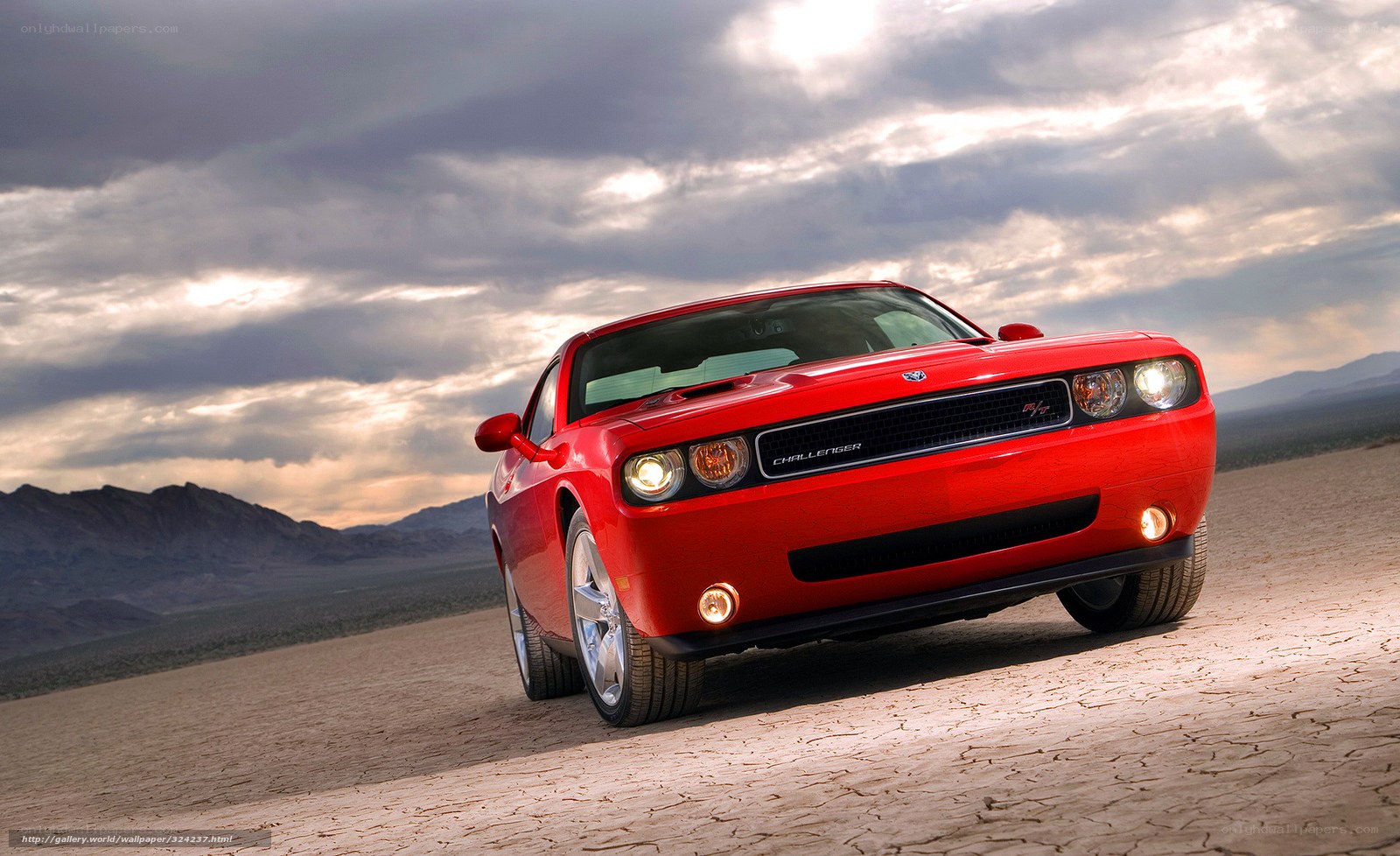 Red Dodge Challenger in desert