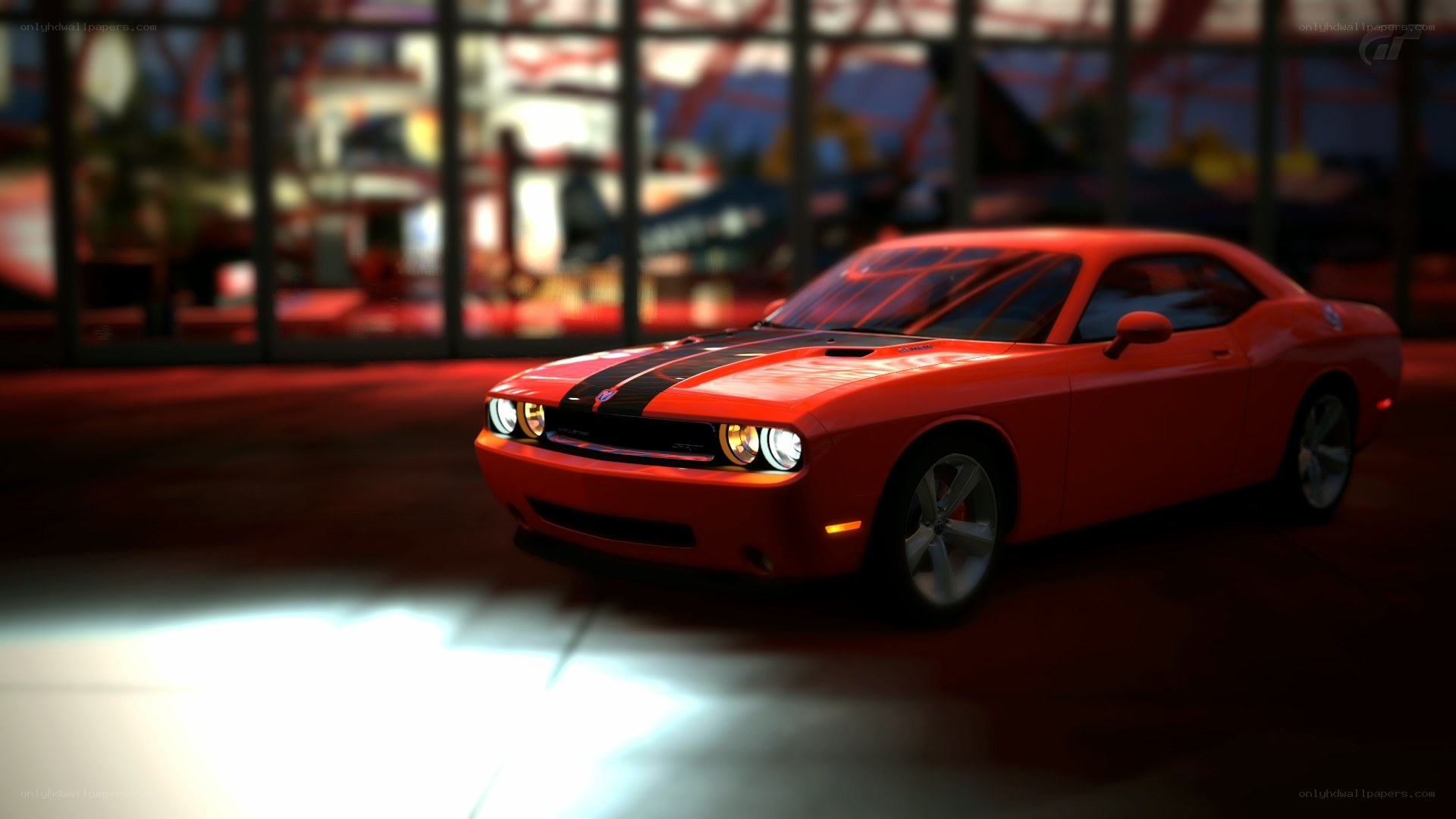 red dodge challenger in garage