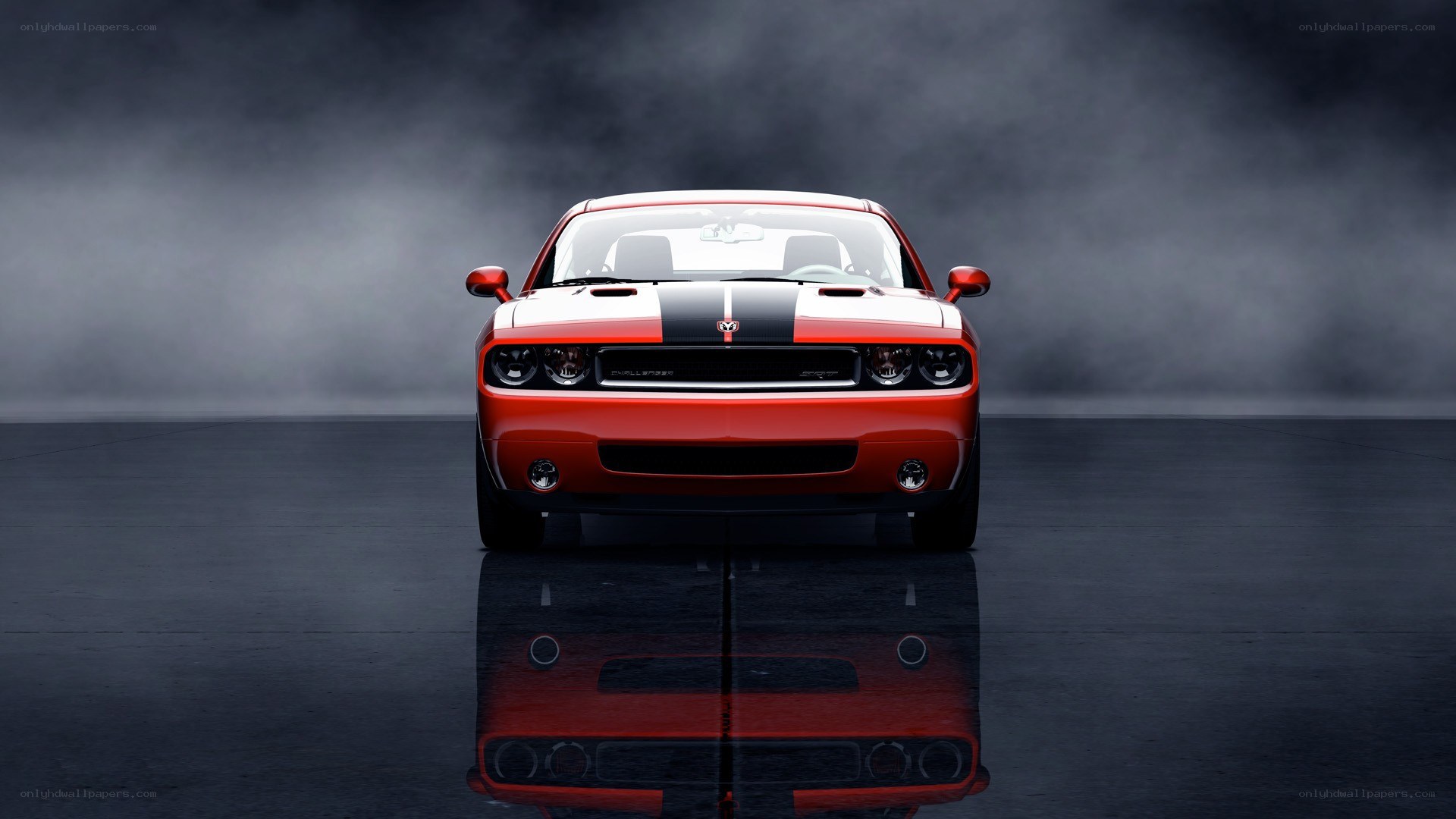 Red Dodge Challenger in smoke