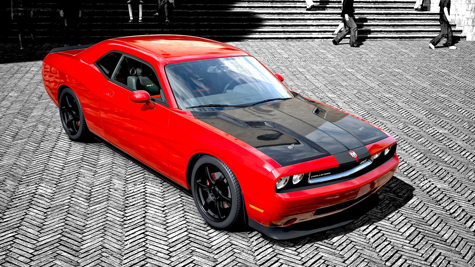 Red Dodge Challenger on cobblestones