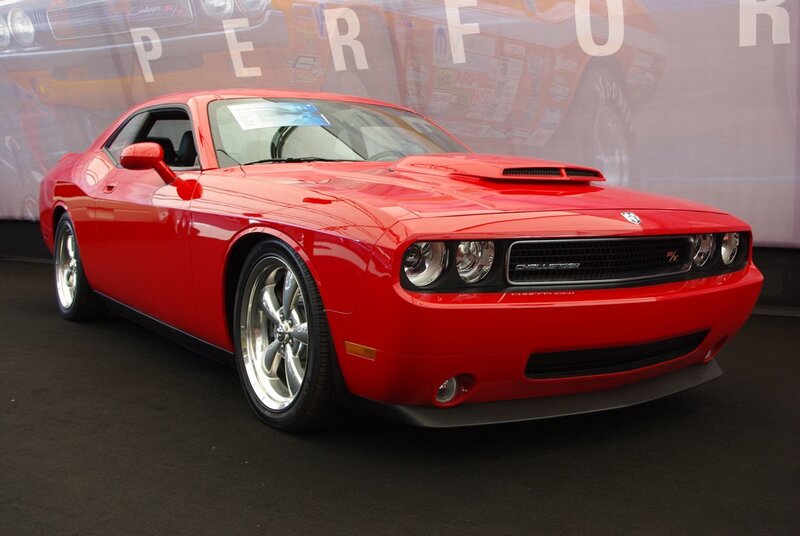 Red Dodge Challenger on display