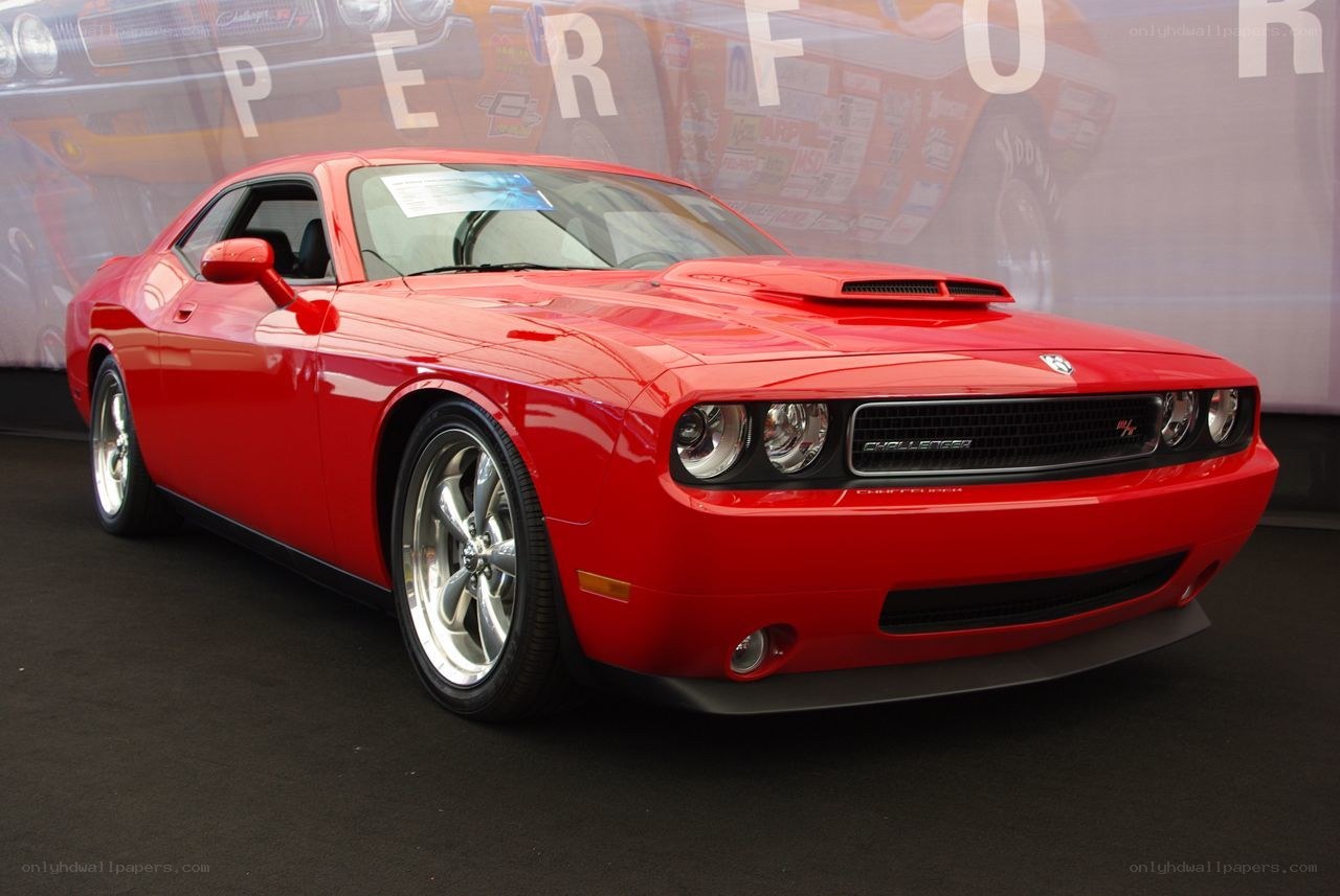 Red Dodge Challenger on display