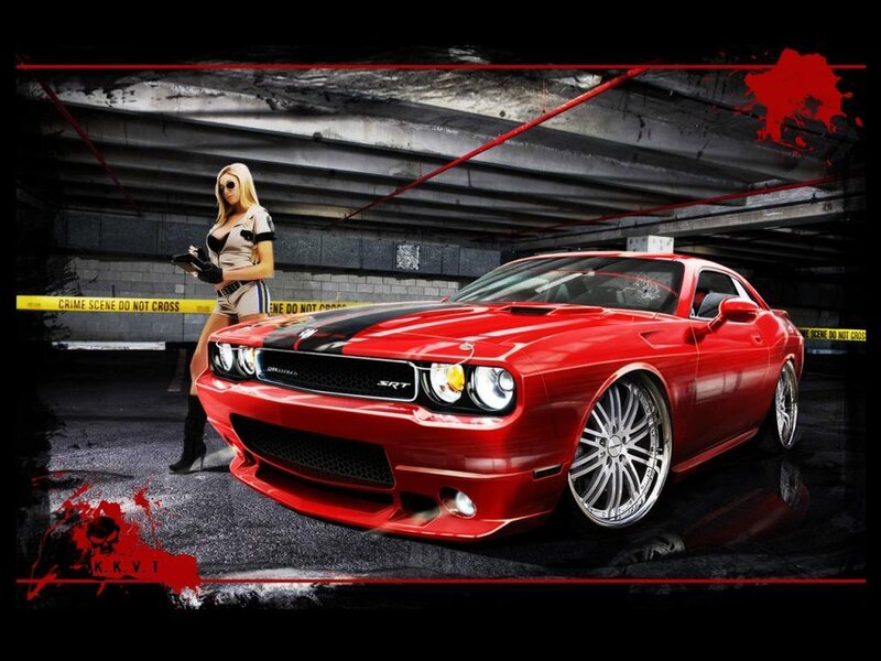 Red Dodge Challenger SRT at crime scene