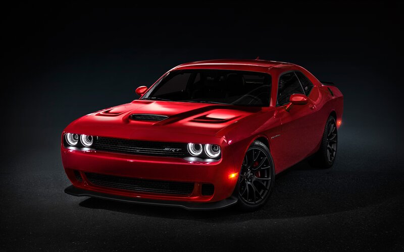 Red Dodge Challenger Srt — Dramatic, Photograph, Car, Headlights, Hood Scoop