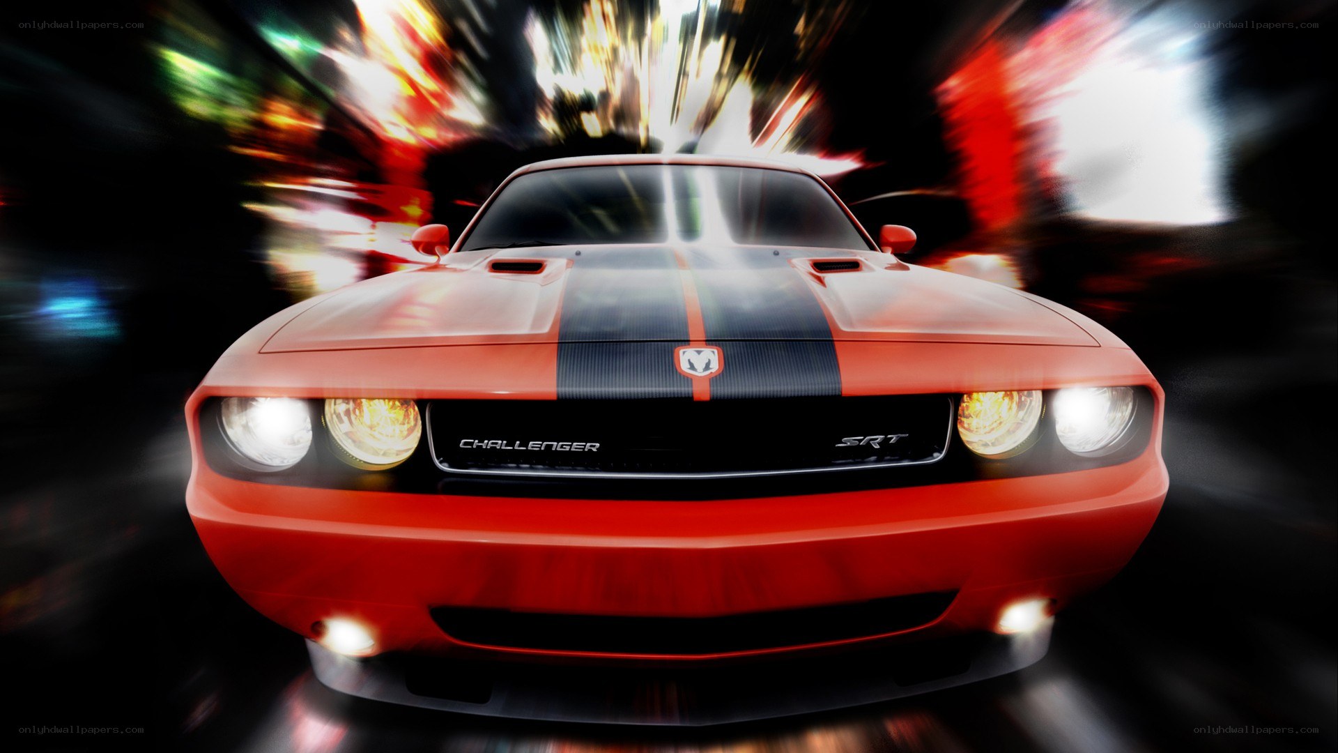 Red Dodge Challenger SRT in motion
