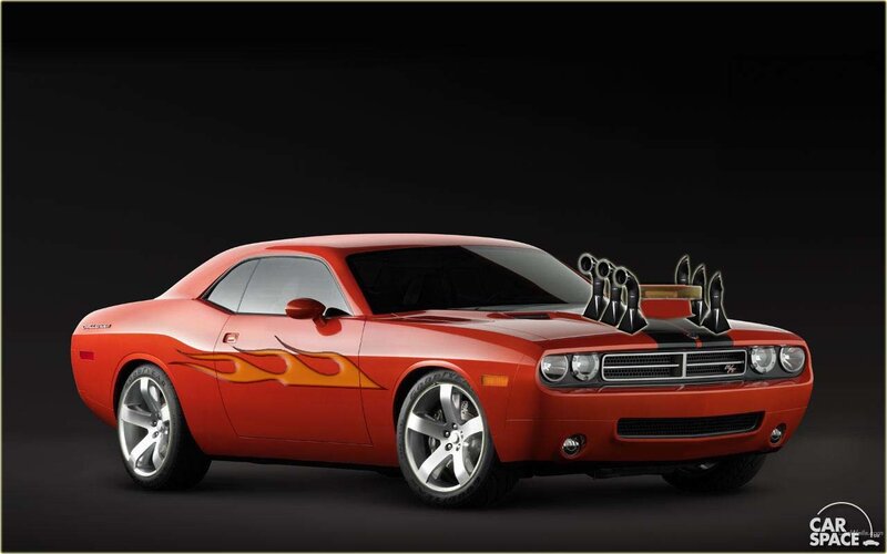 Red Dodge Challenger with flames
