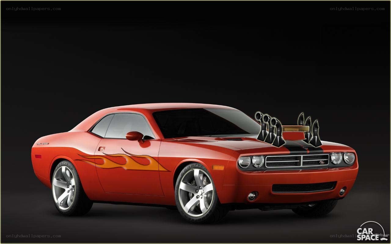 Red Dodge Challenger with flames
