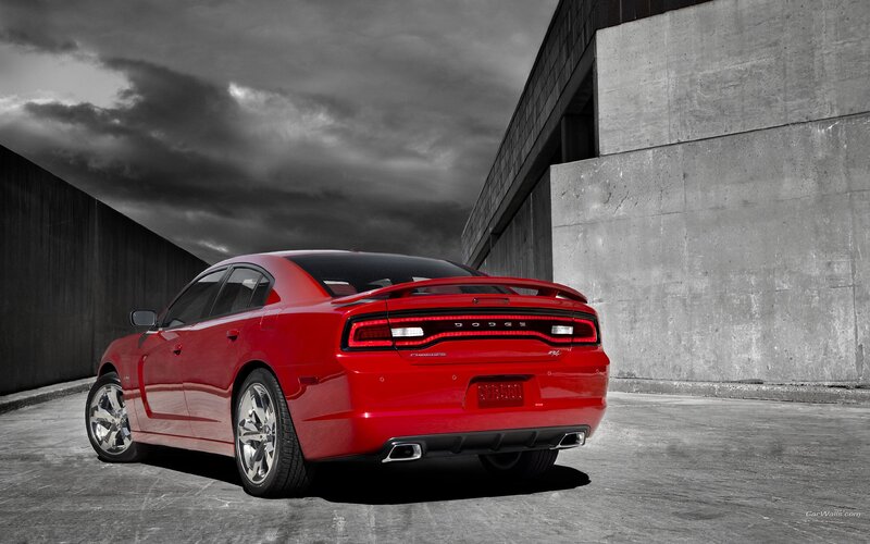 Red Dodge Charger in urban setting