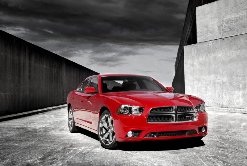 Red Dodge Charger in urban setting