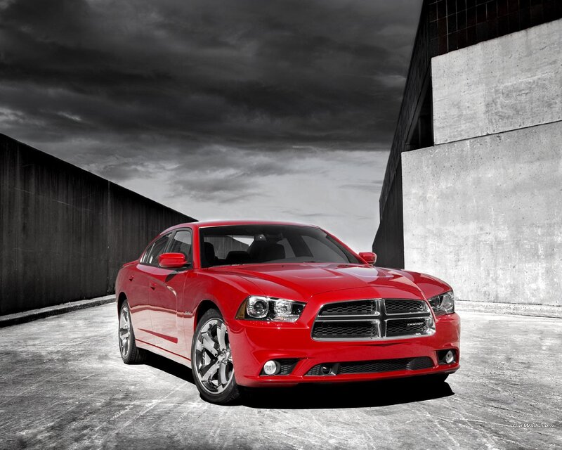 Red Dodge Charger in urban setting