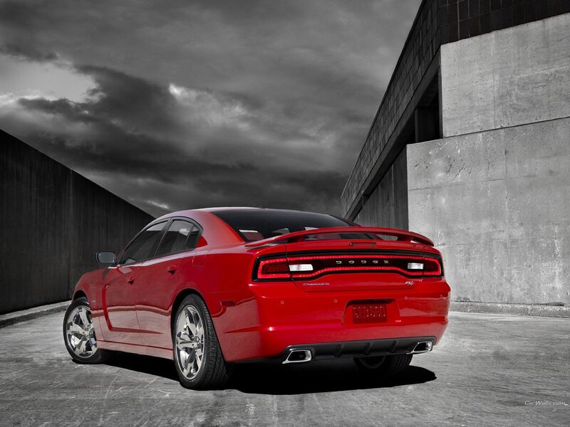 Red Dodge Charger in urban setting