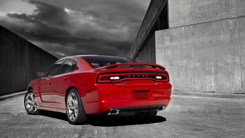 Red Dodge Charger in urban setting