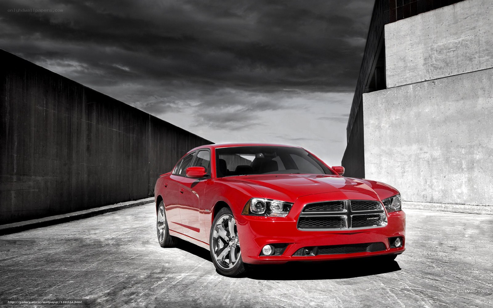 Red Dodge Charger in urban setting
