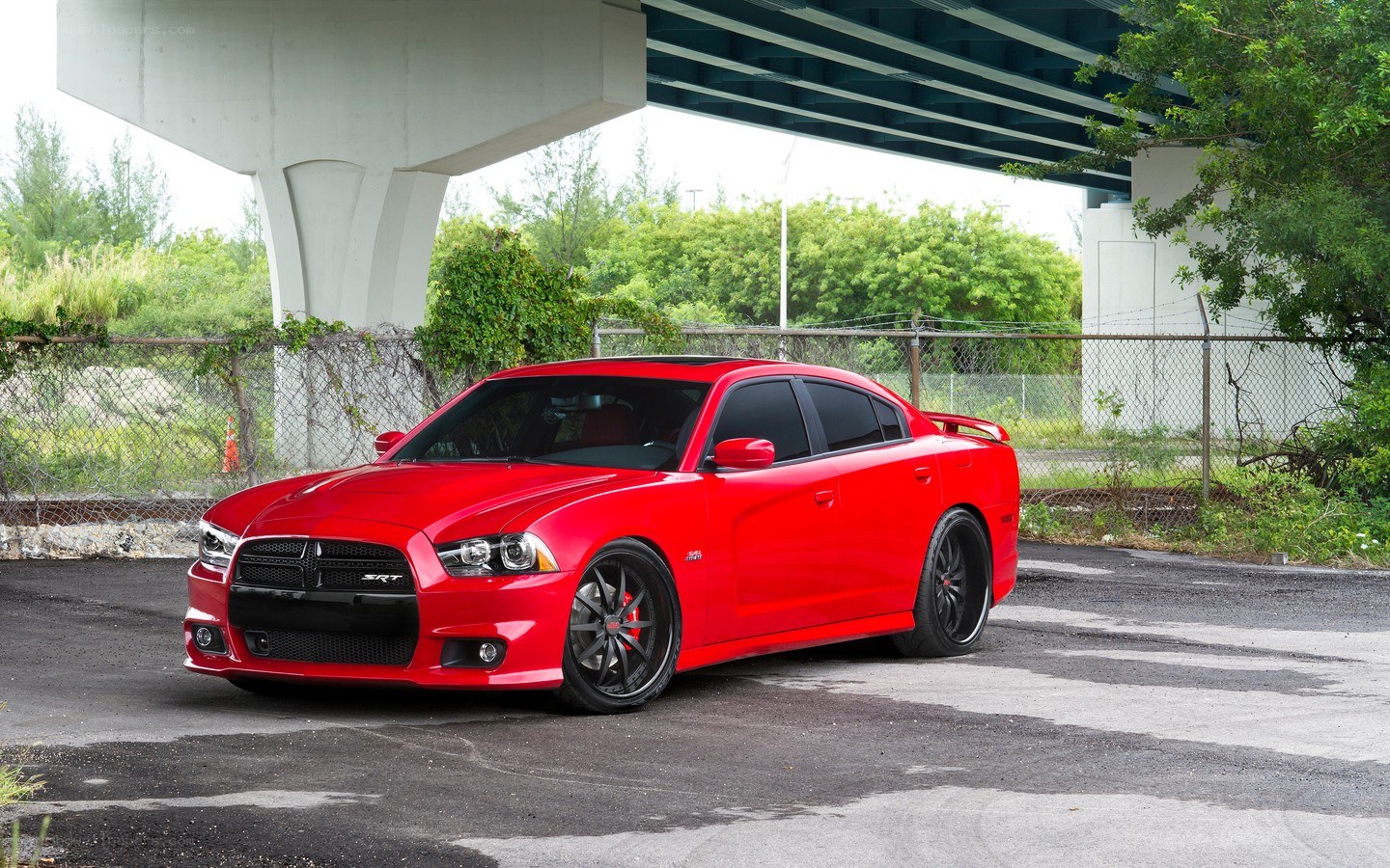 Red Dodge Charger SRT under bridge