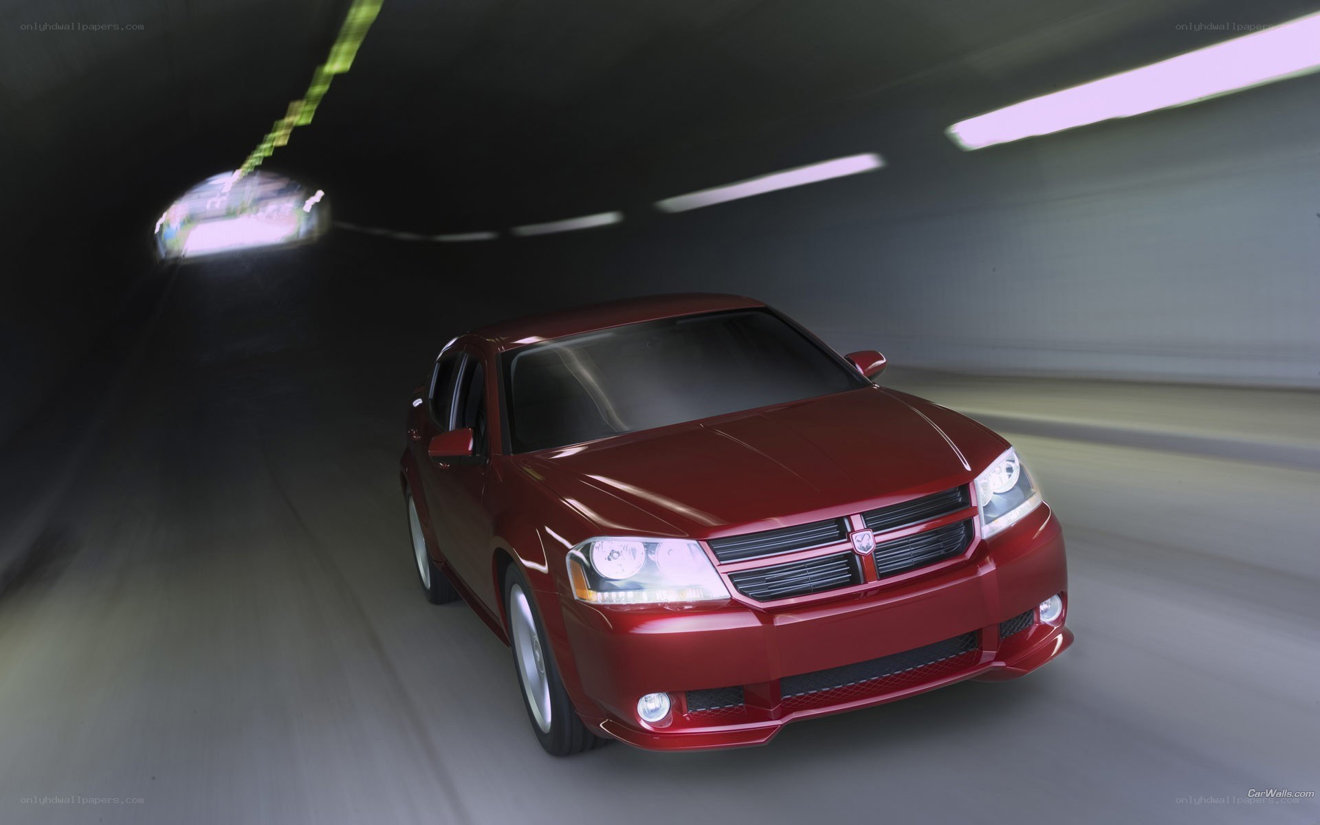 Red Dodge in a tunnel