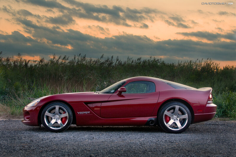 Red Dodge Viper at sunset