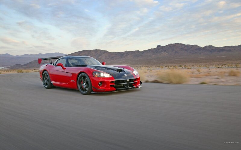 Red Dodge Viper on desert road