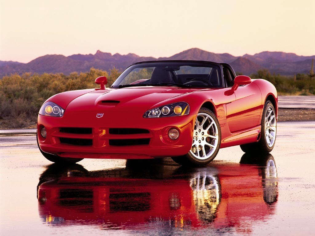 Red Dodge Viper on wet pavement
