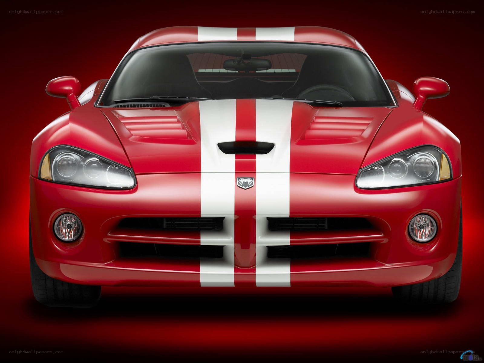 Red Dodge Viper with racing stripes