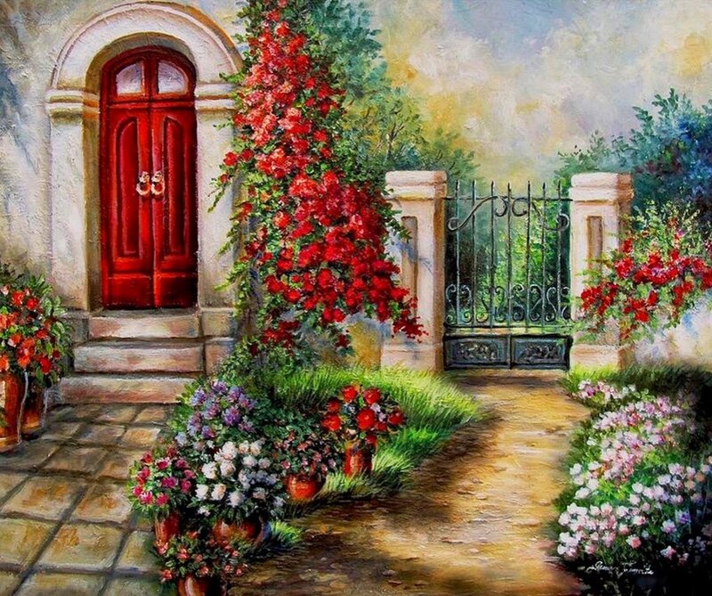 Red Door Garden Entrance — Serene