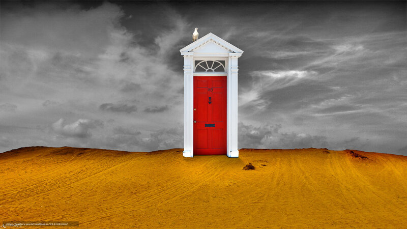 Red door in desert landscape