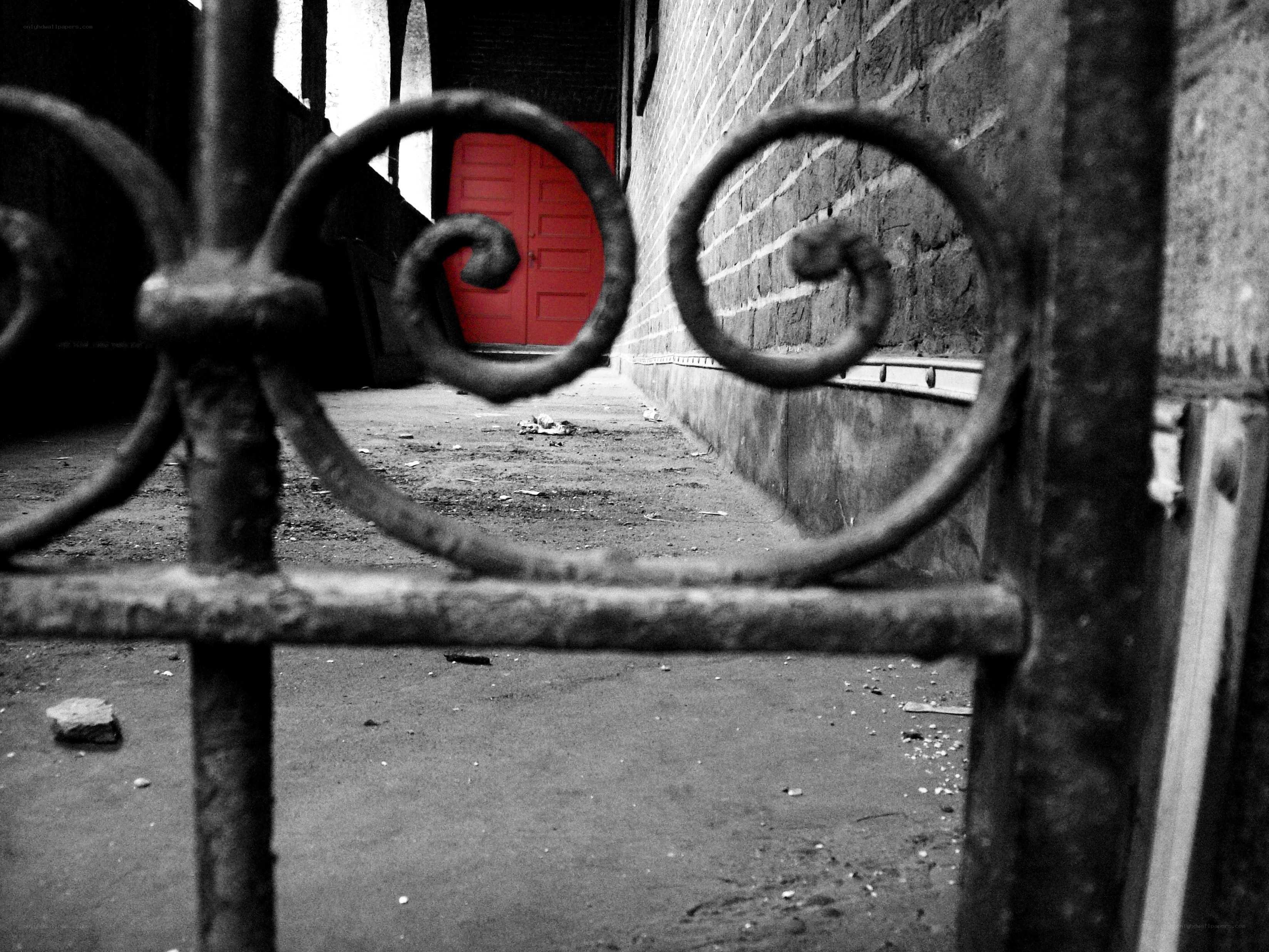 Red door through iron gate