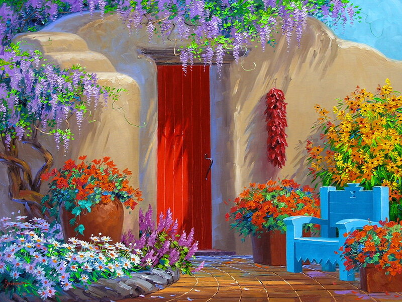 Red Door with Flowers