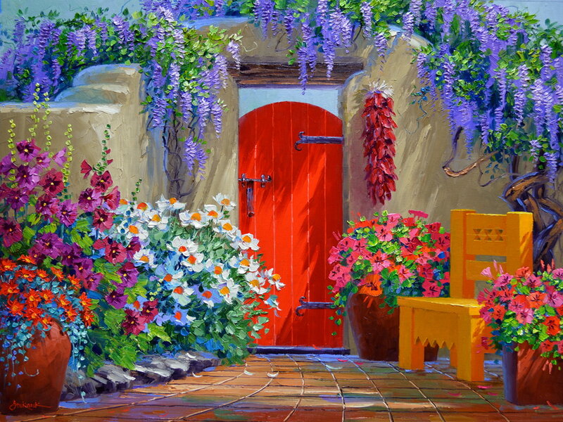 Red Door with Flowers — Vibrant