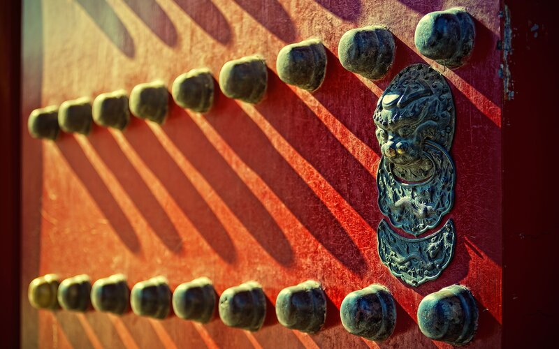 Red Door with Lion Knocker — Dramatic