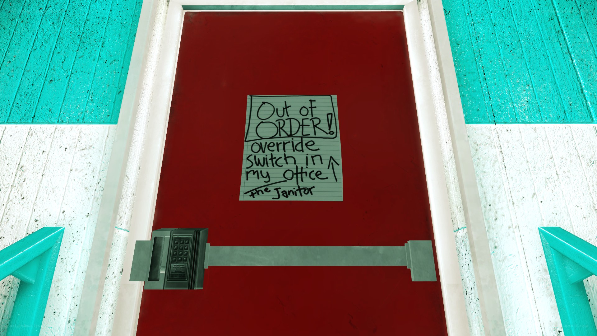 Red door with note