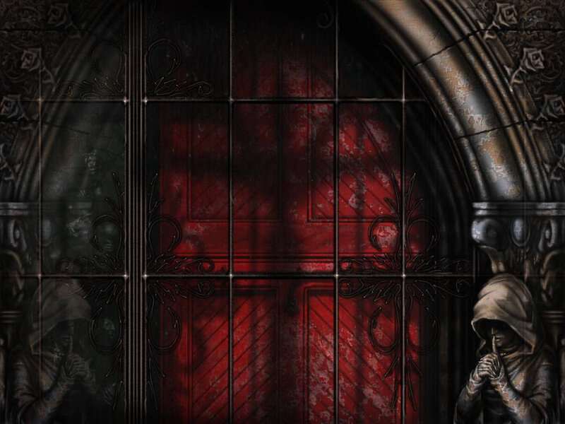 Red Door with Statues