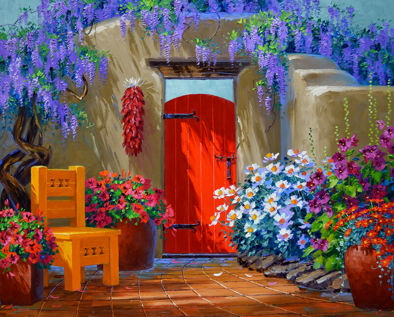 Red Door with Wisteria
