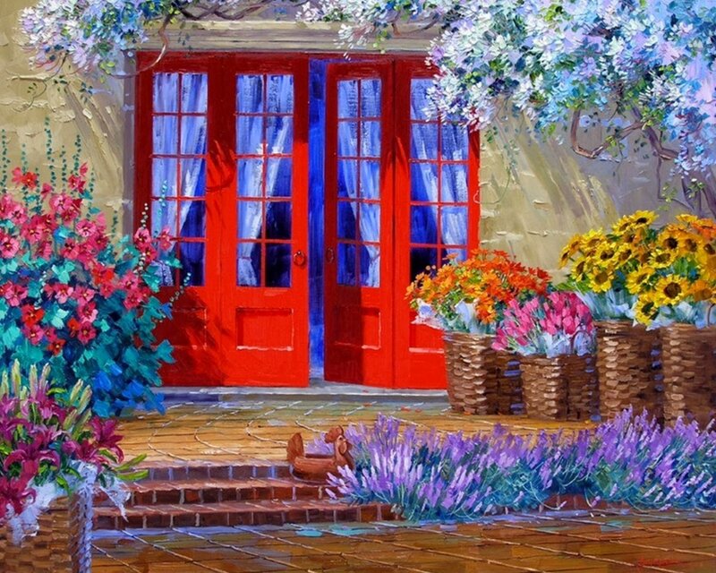 Red Doors with Flowers — Cheerful