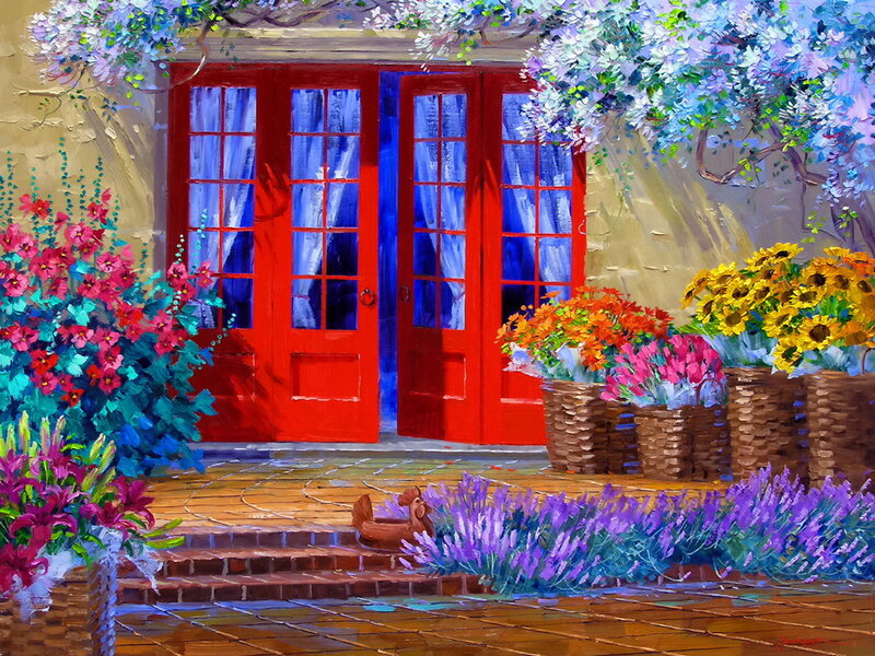Red Doors with Flowers — Serene
