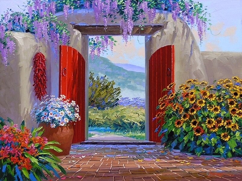 Red Doors with Flowers