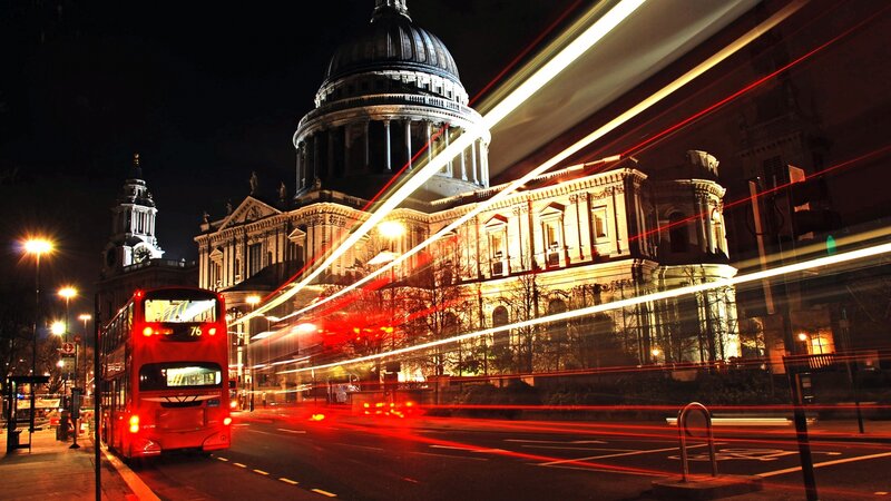 Red Double-decker Bus — Dramatic, Night, Photograph, St Paul's Cathedral